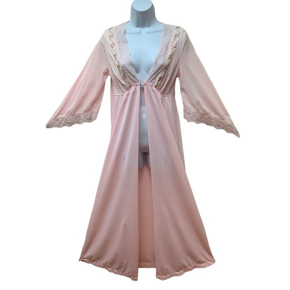 Vintage Pink Bell Sleeve Silky Nylon Lace Embroidered Floral Peignoir Robe M - Picture 1 of 12